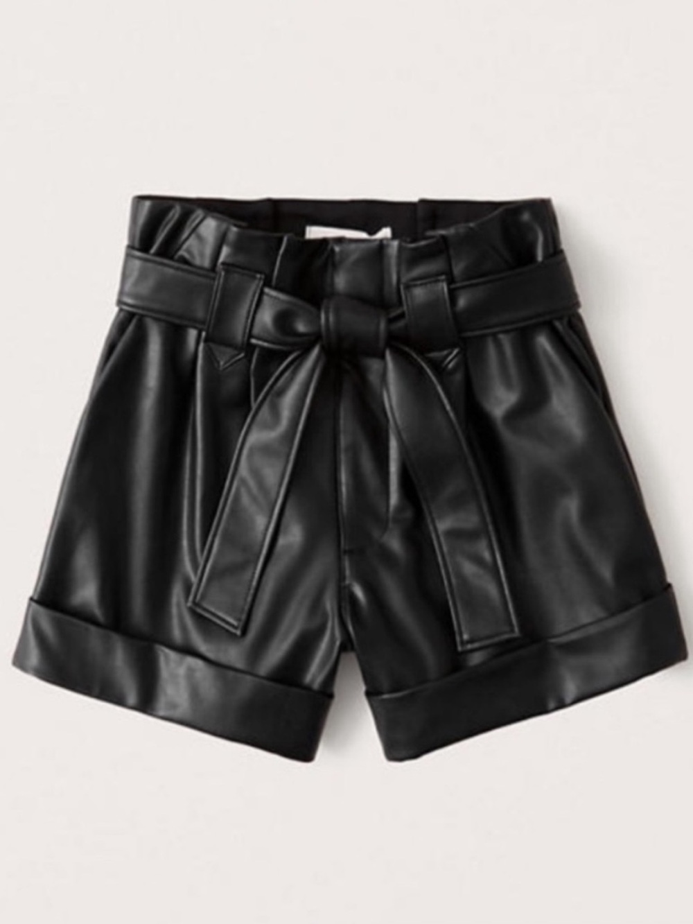 Abercrombie & Fitch Black High-Waist Faux Leather Paperbag Shorts with Tie Belt